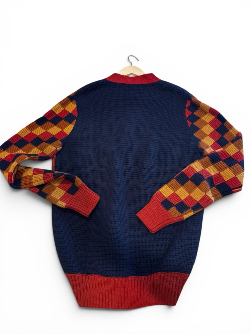 Men's Multicolor Geometric Button Cardigan - Red, Navy & Mustard - Picture 6 of 6